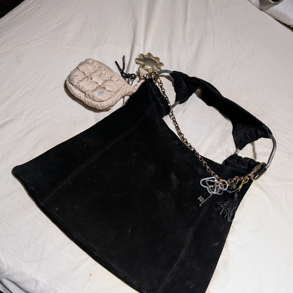 Free People Black Suede Shoulder Bag with Chain Accent